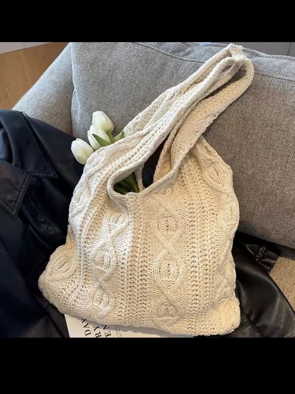Hand-Knit Cable Tote Bag - khaki and beige